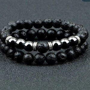 Unisex Two “Kratos “ Black Lava and Hematite Healing Stretch Bracelets